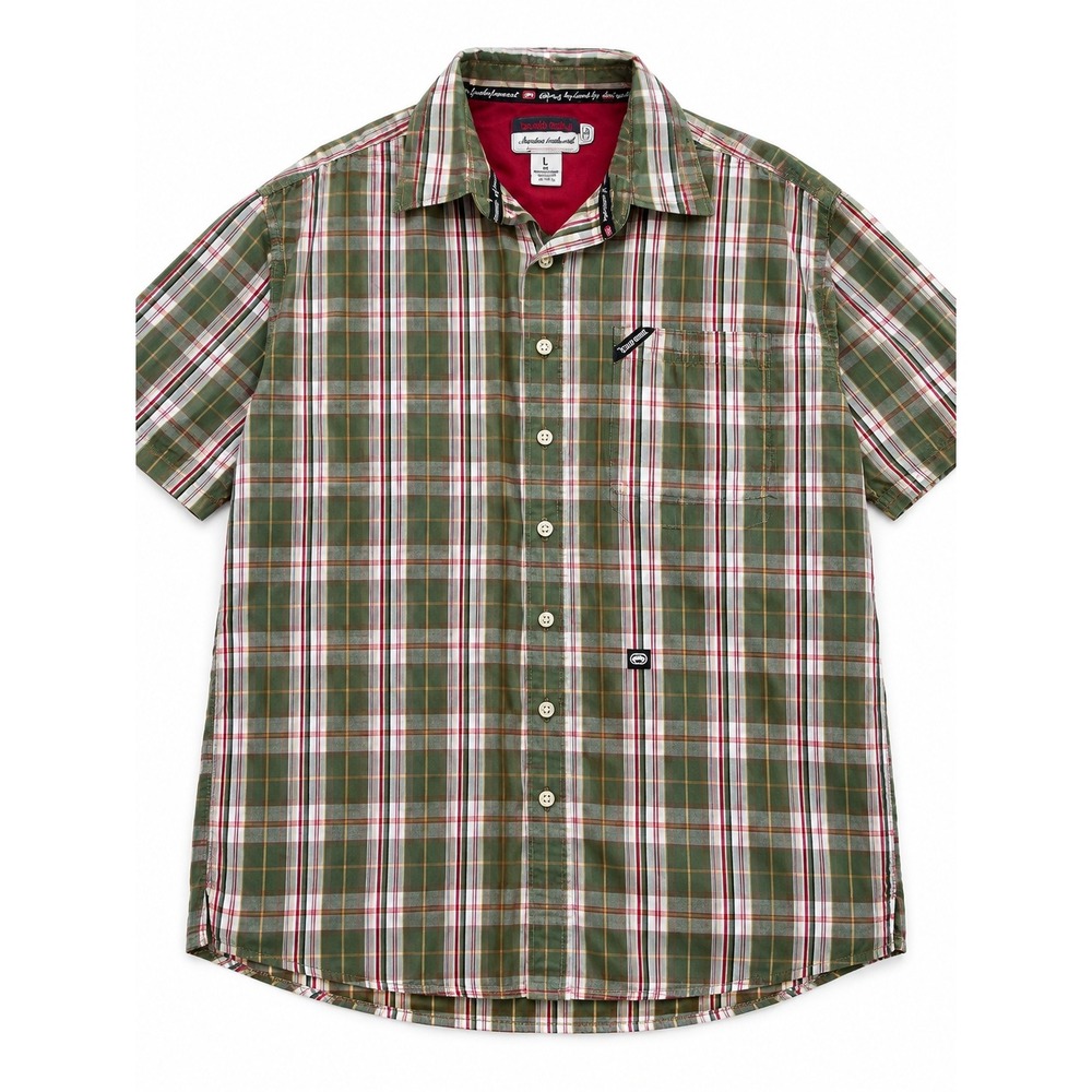 Ecko Unltd Men's L Plaid Button Up Shirt Green Red White 100% Cotton Y2K